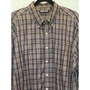 Men's Kirkland Signature Shirt, XXL, Brown plaid long sleeve button down EUC